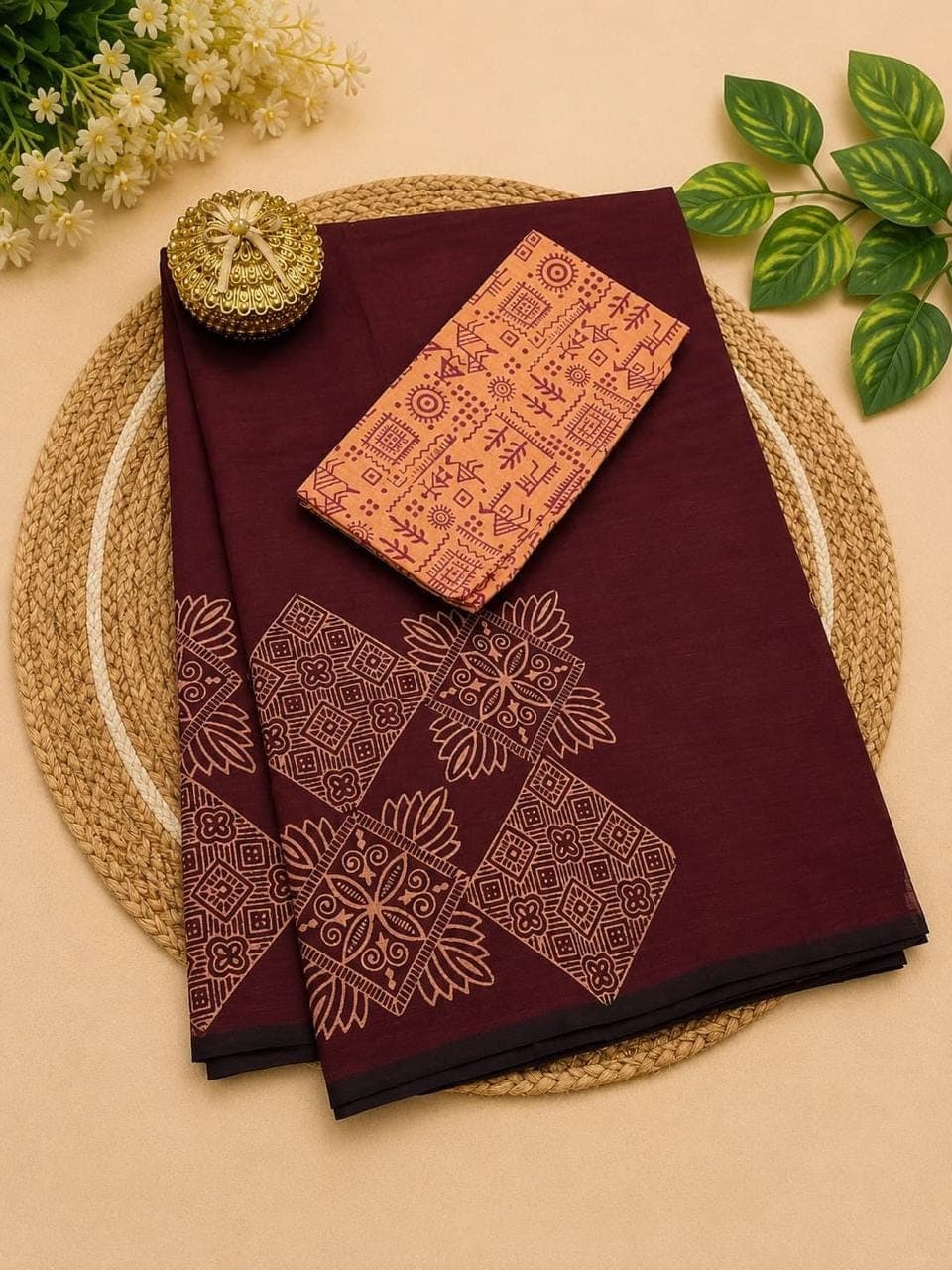 MK Malabar Kasavu Wine Maroon Linen Cotton Saree
