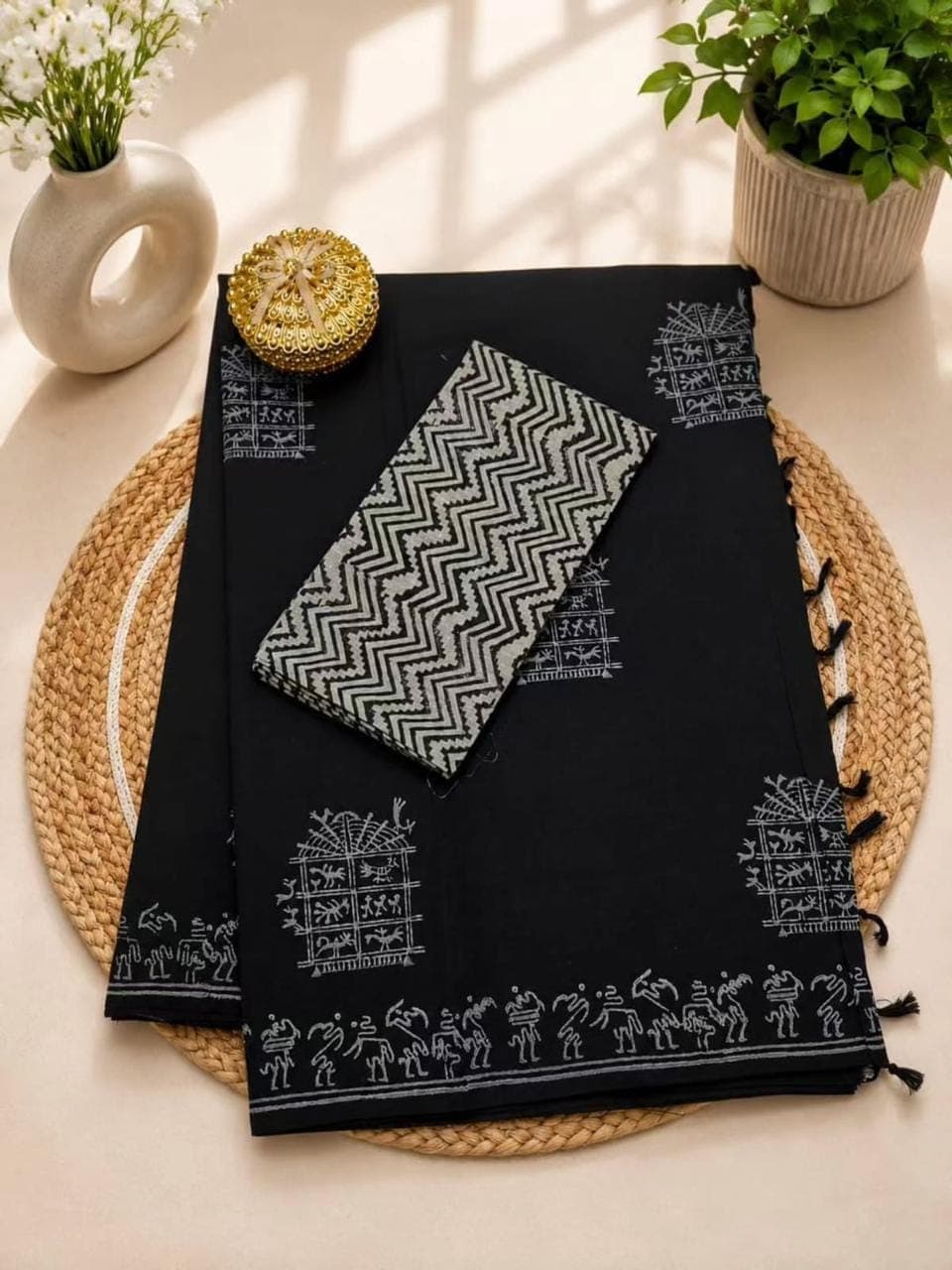MK Malabar Kasavu Classic Black Linen Cotton Saree