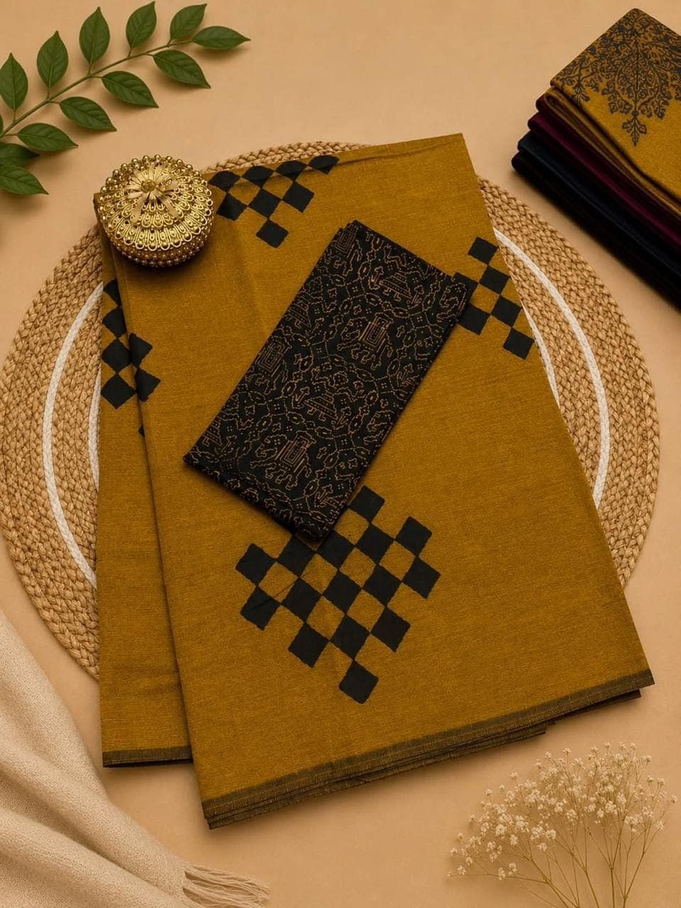 Mustard Ochre Linen Cotton Saree with Kalamkari Blouse