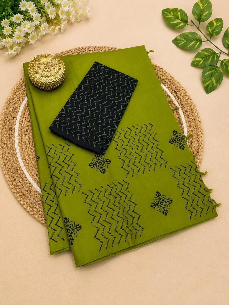 Olive Lime Green Linen Cotton Saree with Printed Blouse