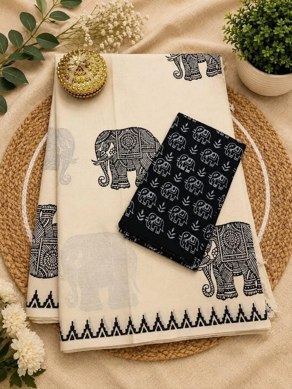 Ivory Cream Linen Cotton Saree with Kalamkari Blouse