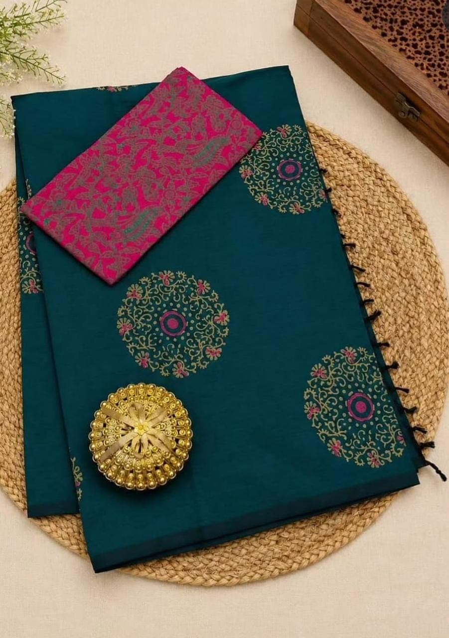 Peacock Blue Linen Cotton Saree with Contrast Blouse