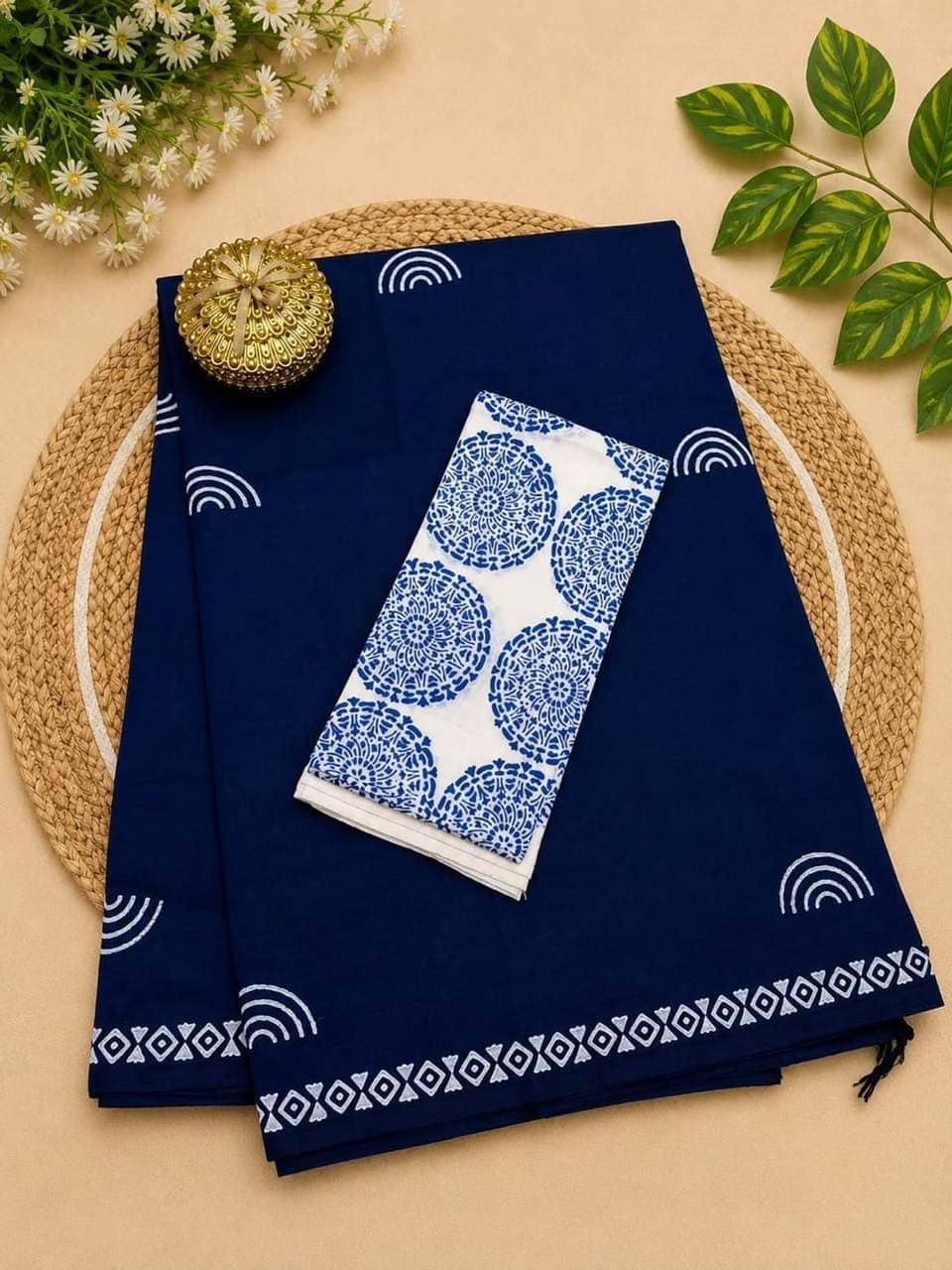 Midnight Navy Linen Cotton Saree with Printed Blouse