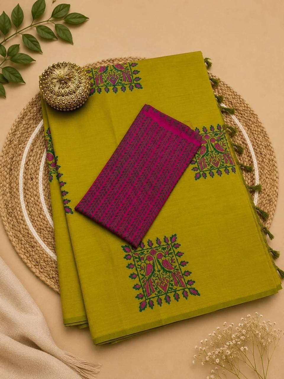 Chartreuse Green Peacock Motif Saree - Edition II