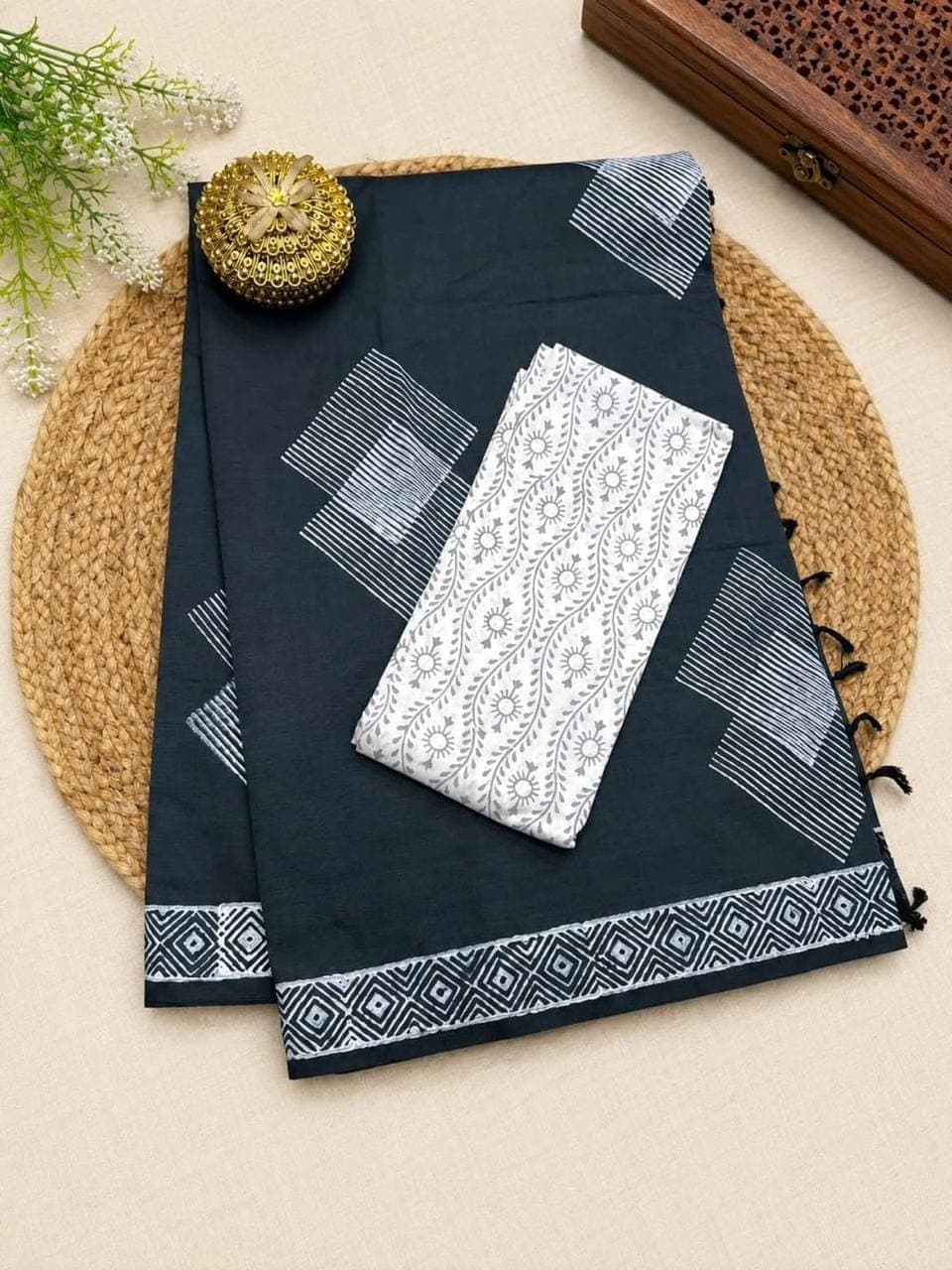 Charcoal Grey Linen Cotton Saree with White Blouse
