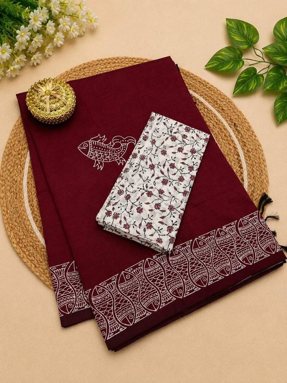 Wine Burgundy Linen Cotton Saree with Fish Motifs