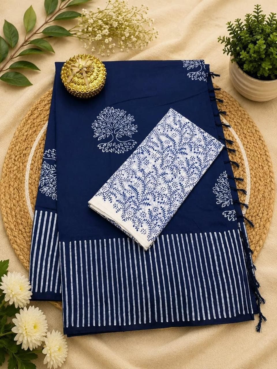 Navy Blue Linen Cotton Saree with Tree of Life Motif