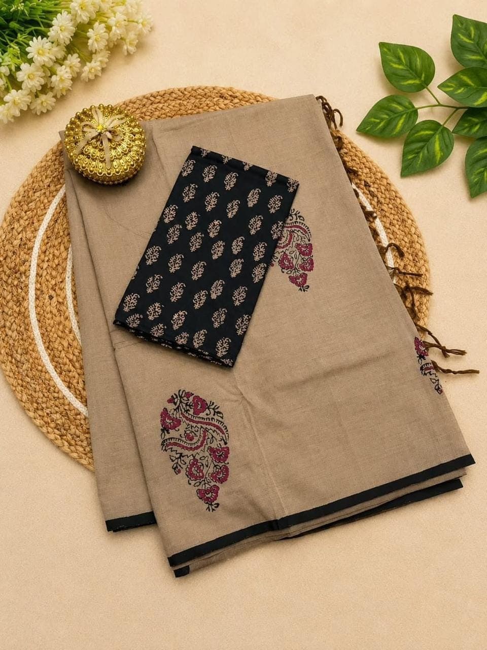 Sand Beige Linen Cotton Saree with Kalamkari Blouse