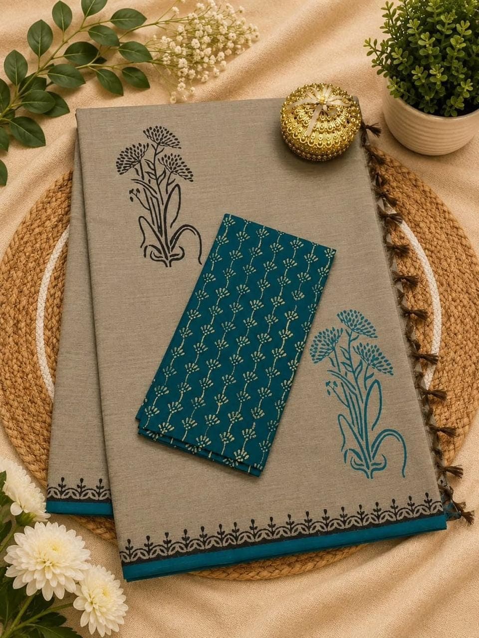Ash Grey Linen Cotton Saree with Teal Blouse