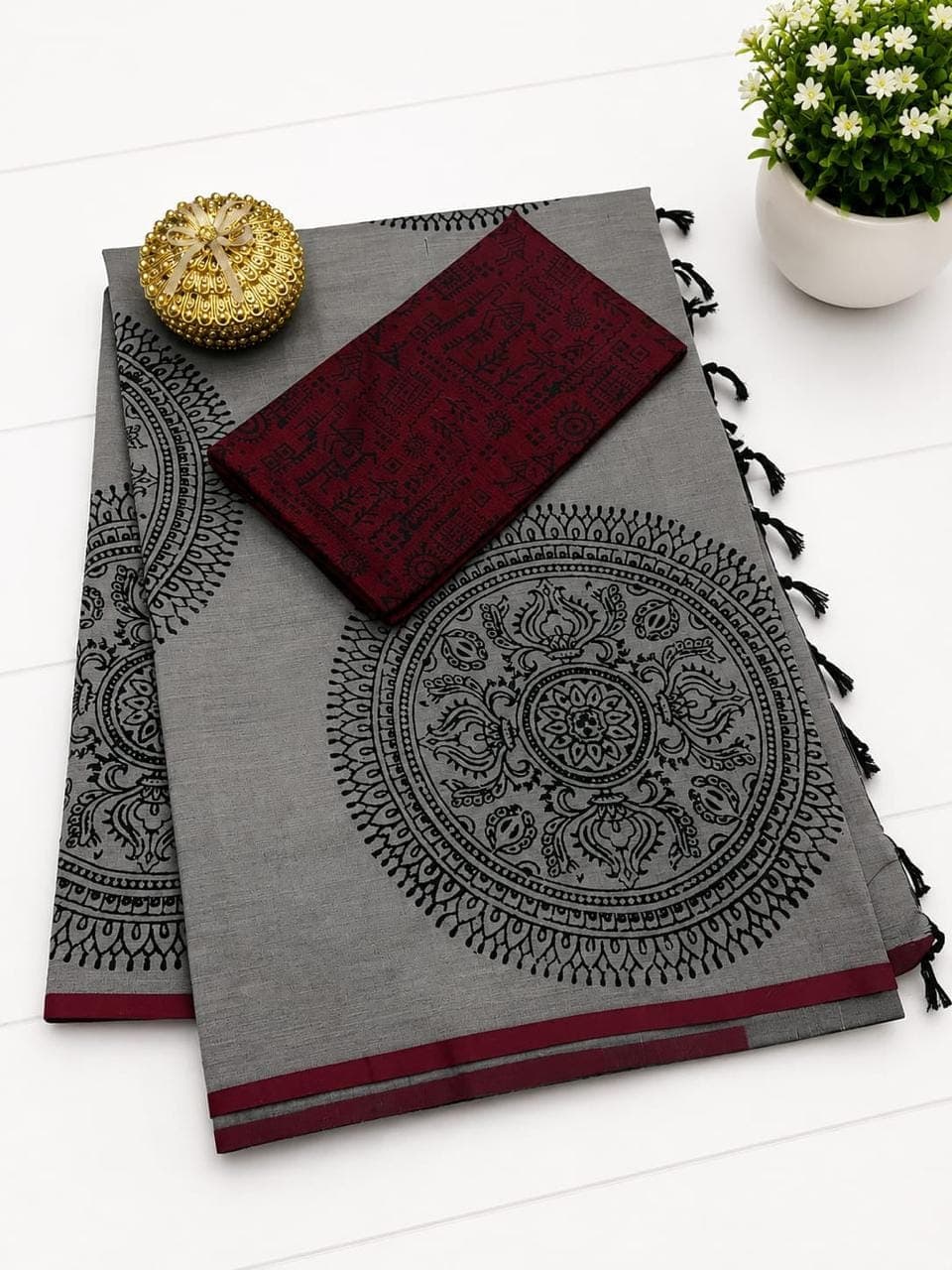 Slate Grey Linen Cotton Saree with Maroon Blouse